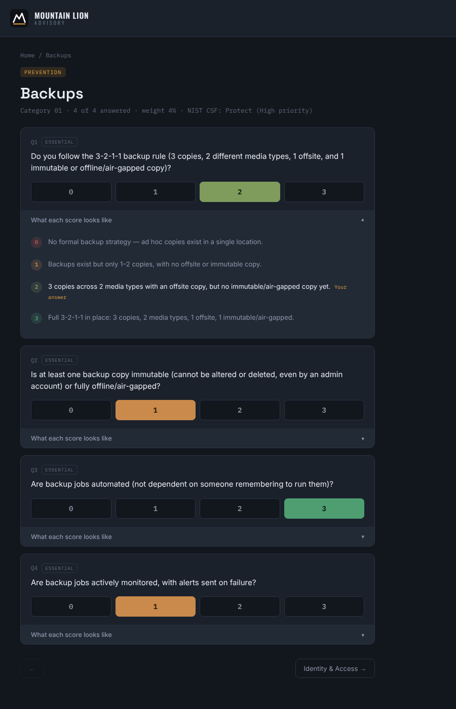 The Backups category page showing four questions, each scored 0 to 3, with a detailed rubric expanded for the first question explaining what each score level means.
